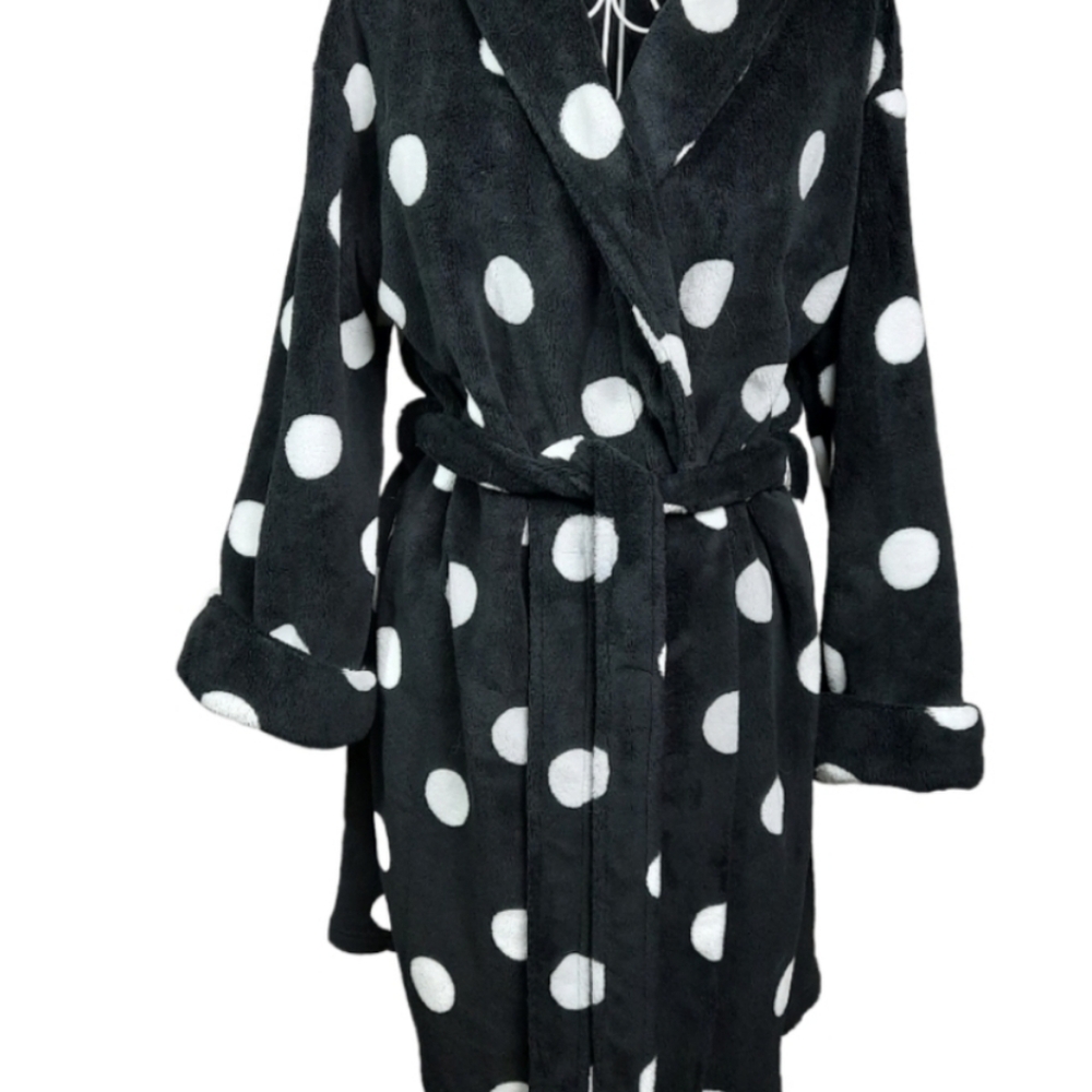 VS PINK Plush Fleece Black & White Polka Dot Wrap Robe Small